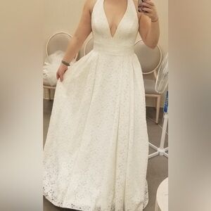 Galina White Halter Plunge A-line Wedding Dress